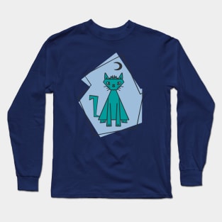 Geometric shape teal cut cat with black half moon Long Sleeve T-Shirt